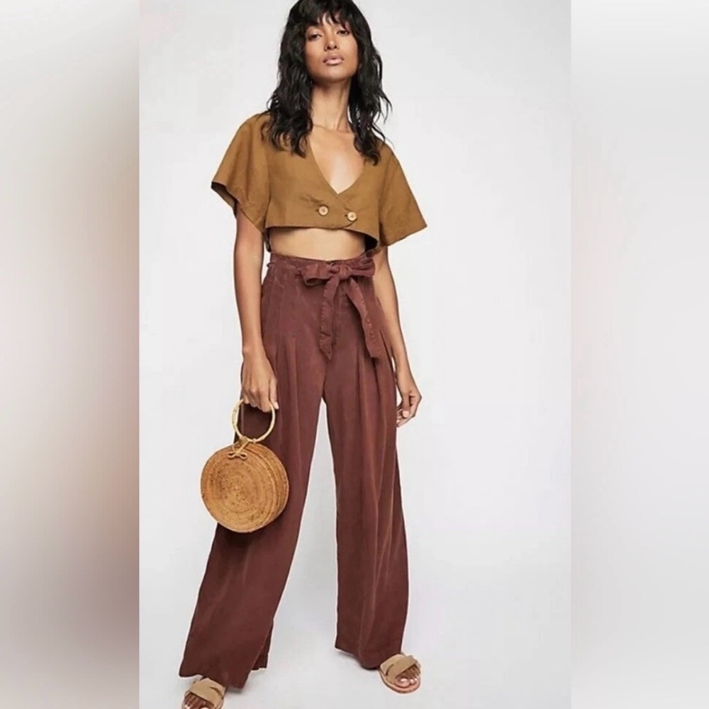Free People Dwell on Dreams trouser high-waisted pleated belt Pants - Rust, EUC
